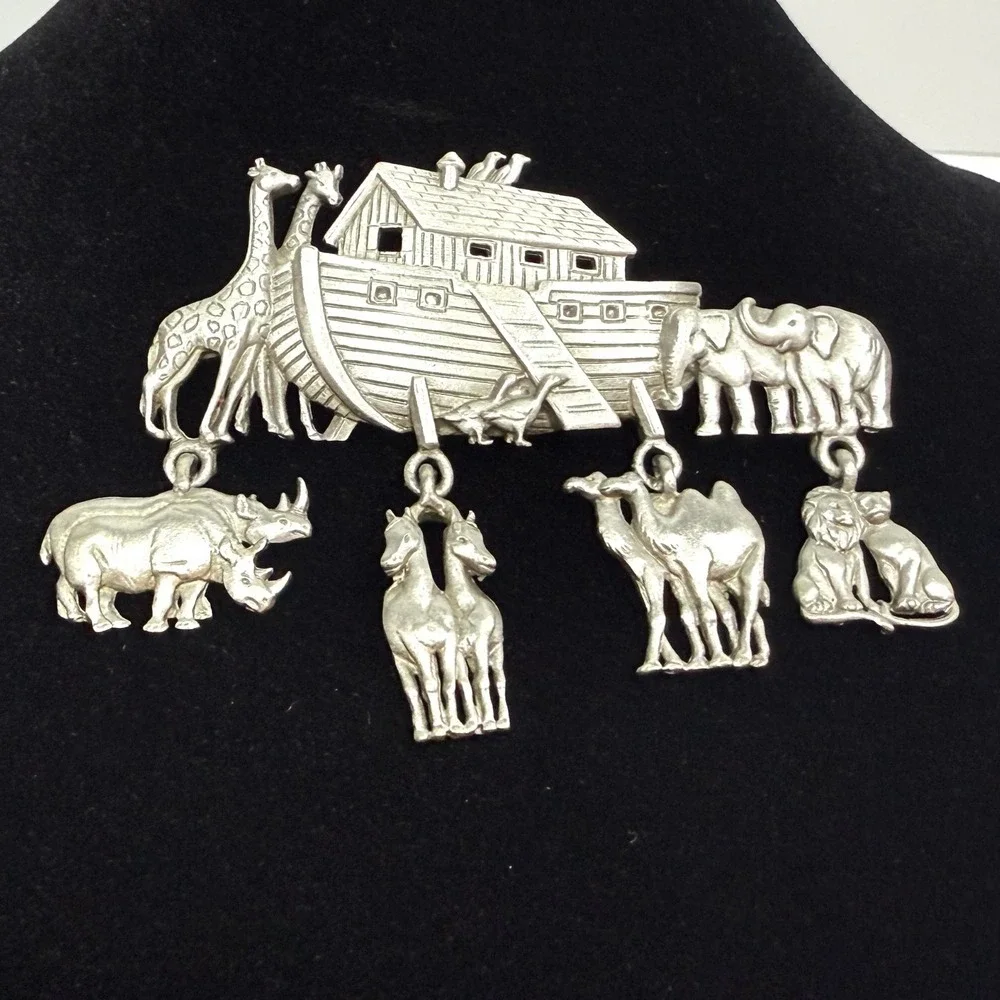 Vintage JJ Noah's Ark Animal Statement Brooch Pin Religious Silver Tone 2 3/4 in
